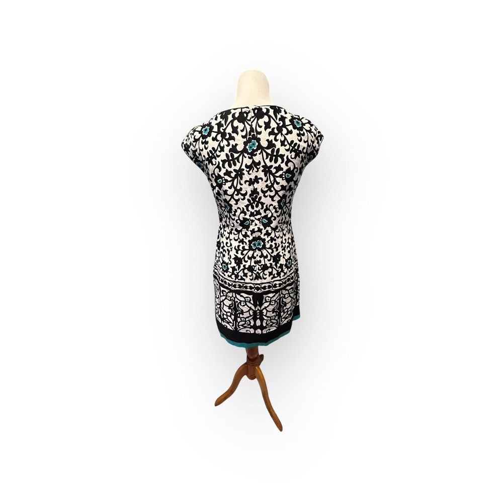 Liz Claiborne Sheath Dress Size 6 Black White Turquoise Scroll Border Print - Picture 5 of 16